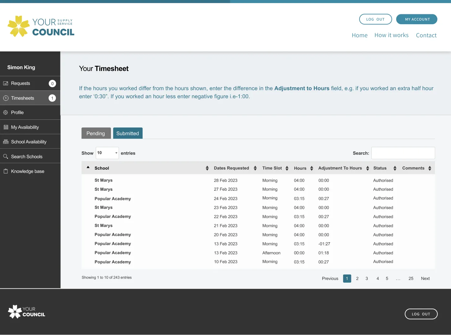 The Your Council Supply Service timesheet screen showing submitted and authorised sessions for supply staff at schools including St Marys and Popular Academy, part of the platform built by DotPerformance for Kirklees Council
